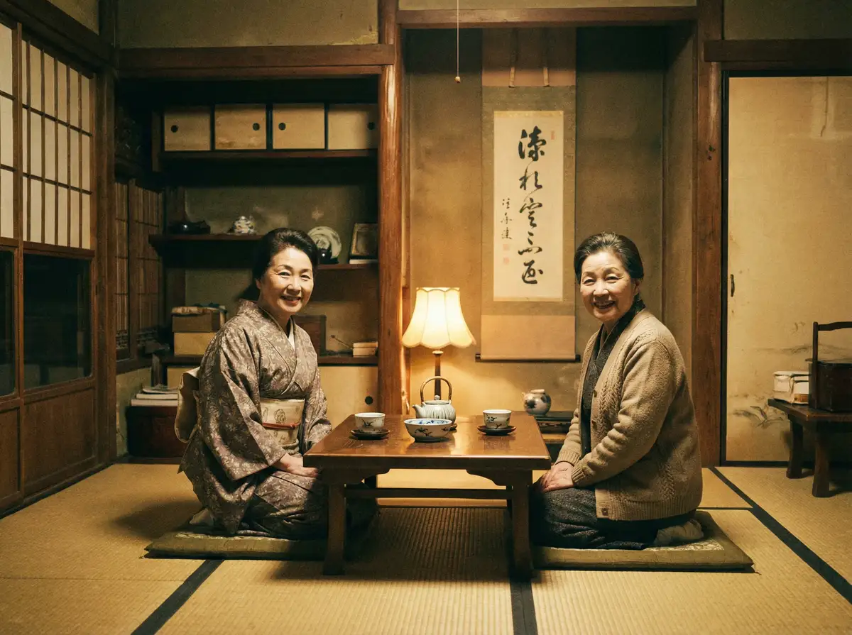 两位优雅的 同伊在线观看 在日式茶室中品茶交谈